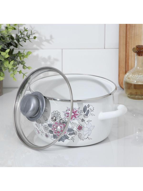 Кастрюля «Весенний романс», 2 л, стеклянная крышка, цвет белый