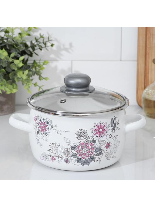Кастрюля «Весенний романс», 2 л, стеклянная крышка, цвет белый
