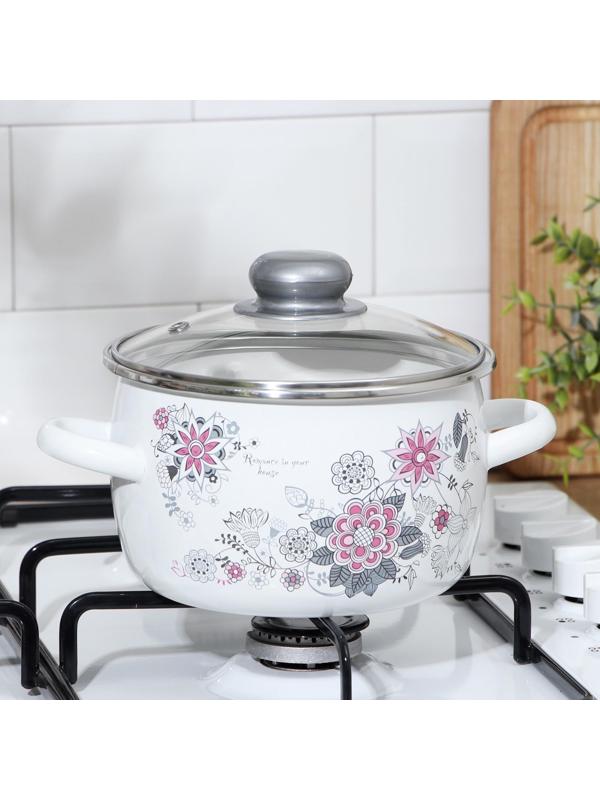 Кастрюля «Весенний романс», 2 л, стеклянная крышка, цвет белый