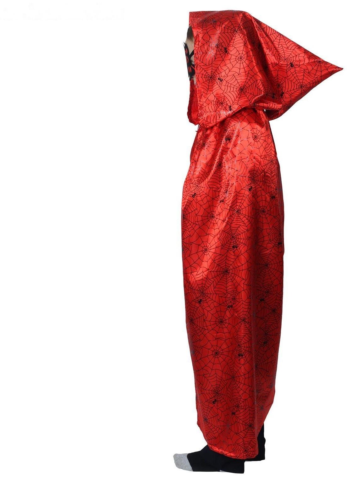 Карнавальный плащ с капюшоном, паутина на красном, атлас, длина 85 см + маска