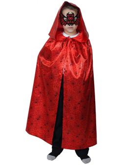 Карнавальный плащ с капюшоном, паутина на красном, атлас, длина 85 см + маска