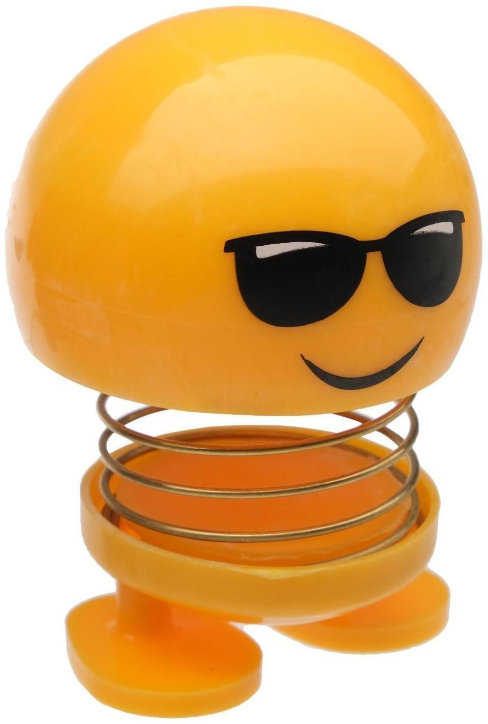 Смайл на пружинке, на панель в авто, в очках, желтый