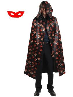 Карнавальный плащ с красными черепами и капюшоном, атлас, длина 120 см + маска