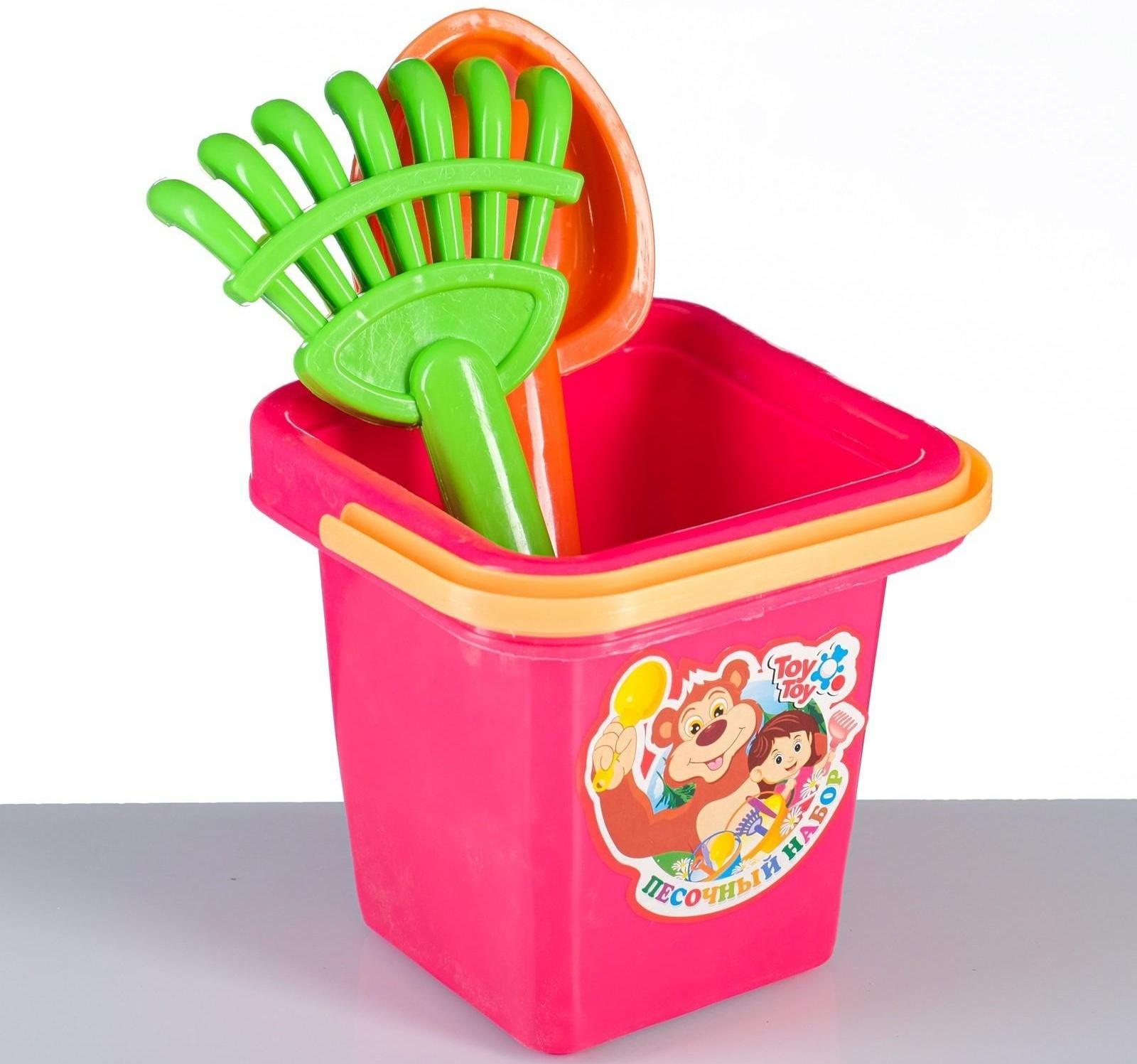 Набор для песочницы 5 предметов: ведерко, лопатка, грабли, 2 формочки, 14х14х25см, МИКС