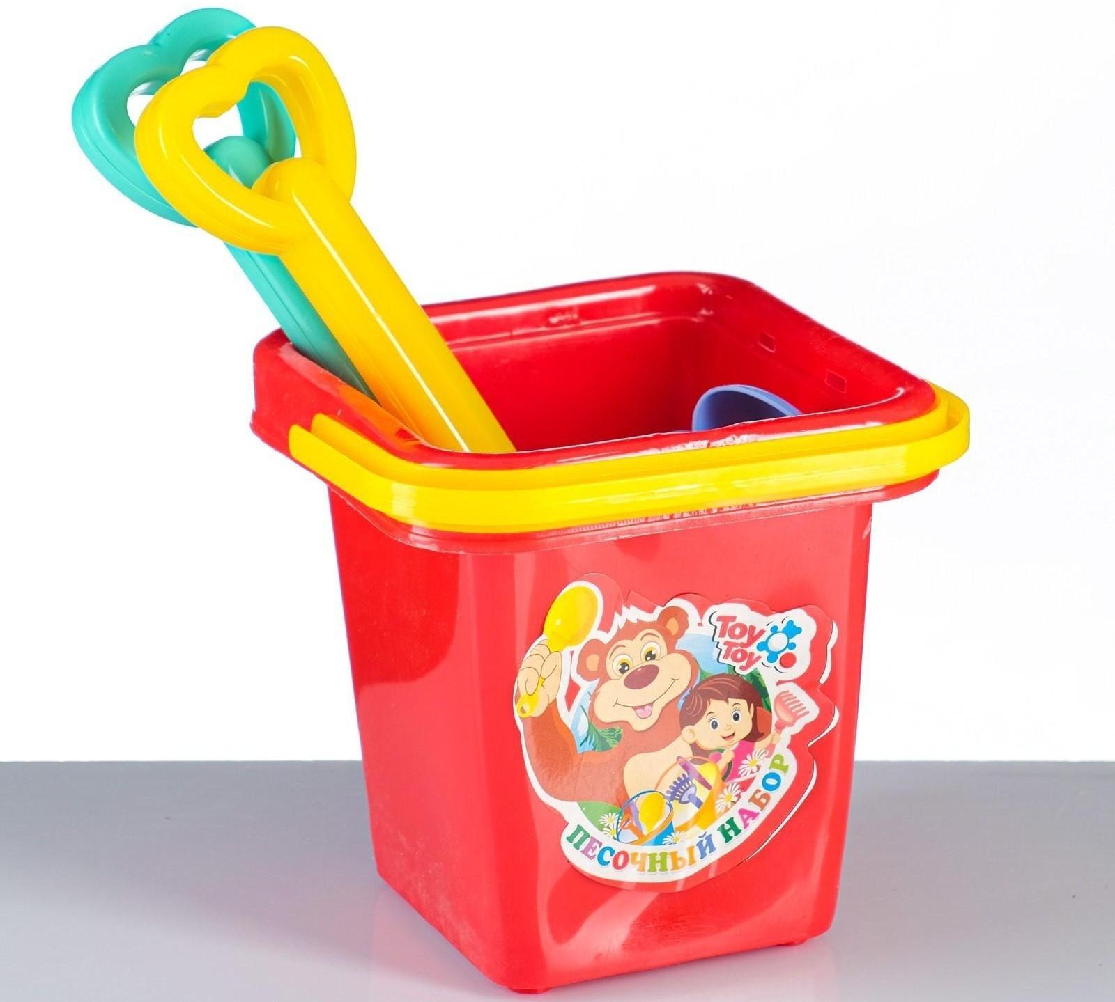 Набор для песочницы 5 предметов: ведерко, лопатка, грабли, 2 формочки, 14х14х25см, МИКС