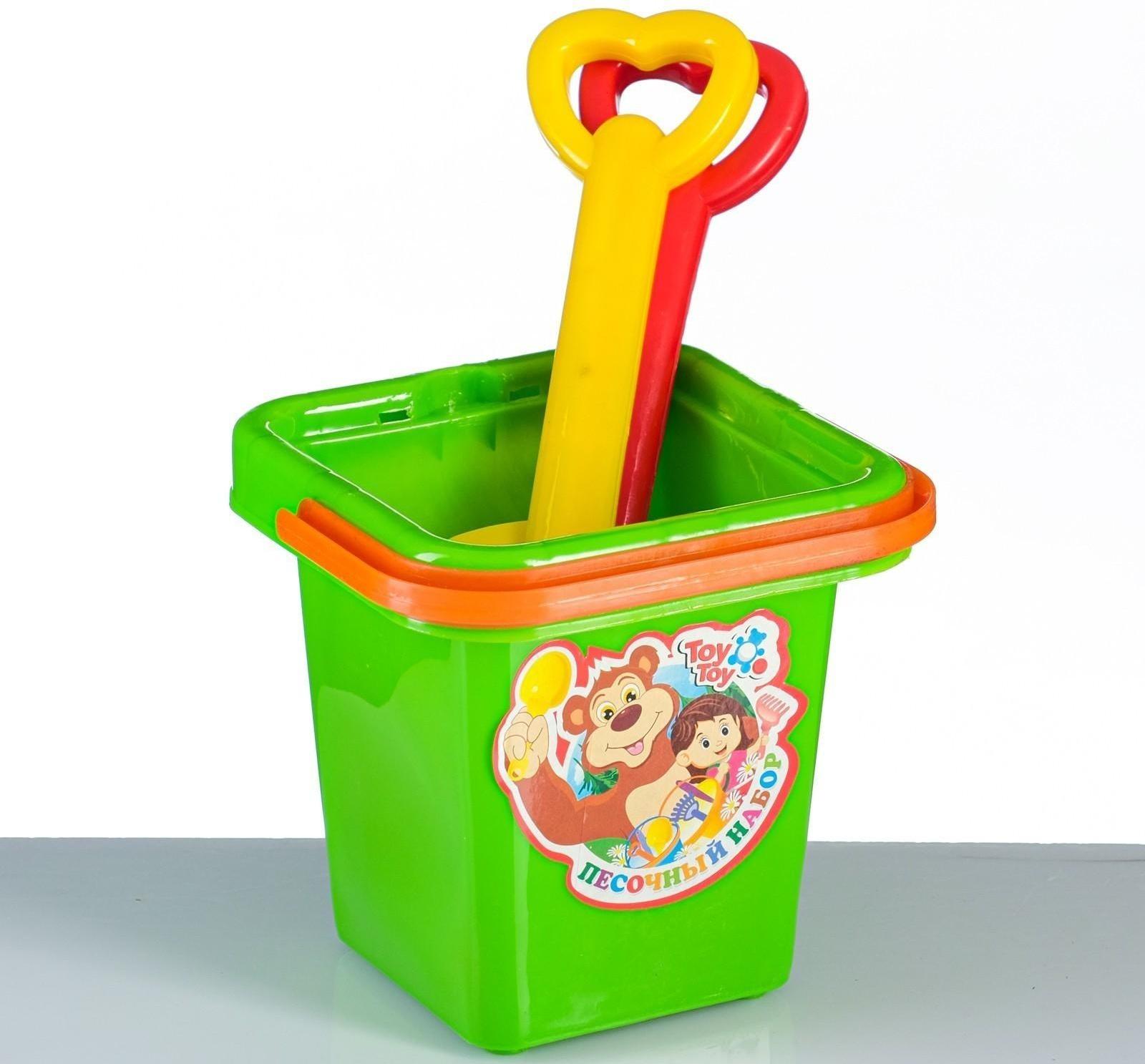 Набор для песочницы 5 предметов: ведерко, лопатка, грабли, 2 формочки, 14х14х25см, МИКС