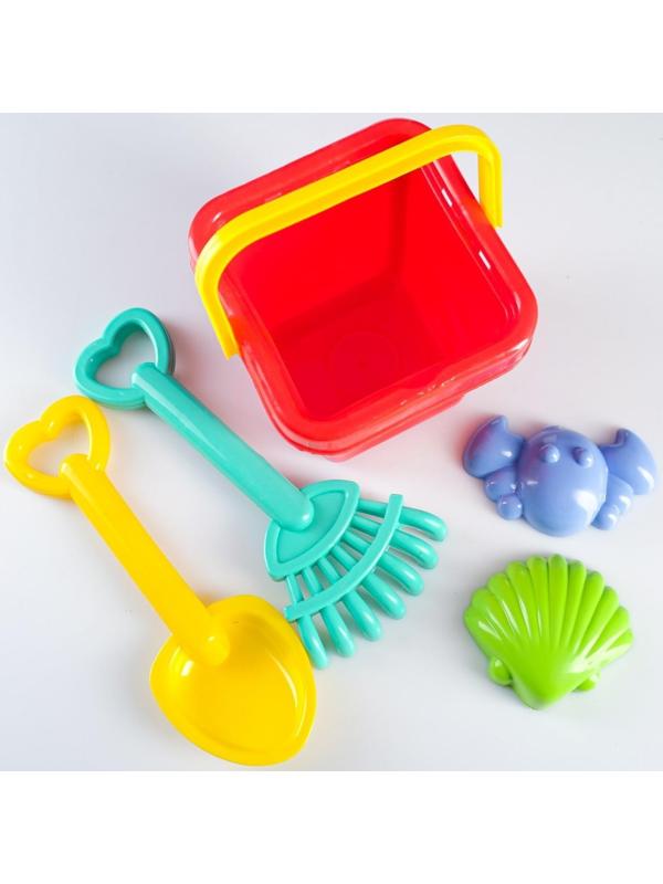 Набор для песочницы 5 предметов: ведерко, лопатка, грабли, 2 формочки, 14х14х25см, МИКС