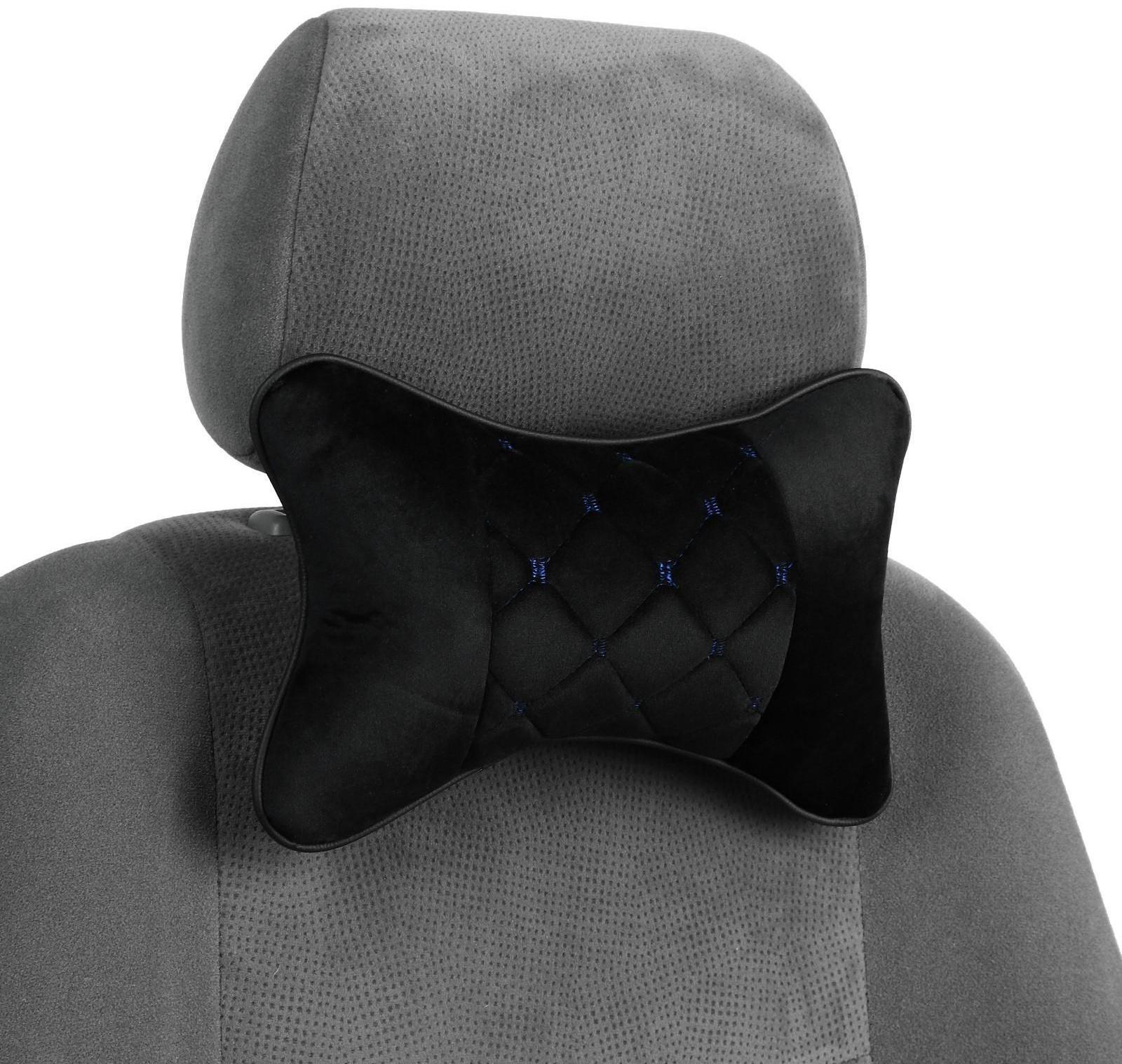 Подушка автомобильная для шеи 27×17 см, велюр, черный с синей строчкой