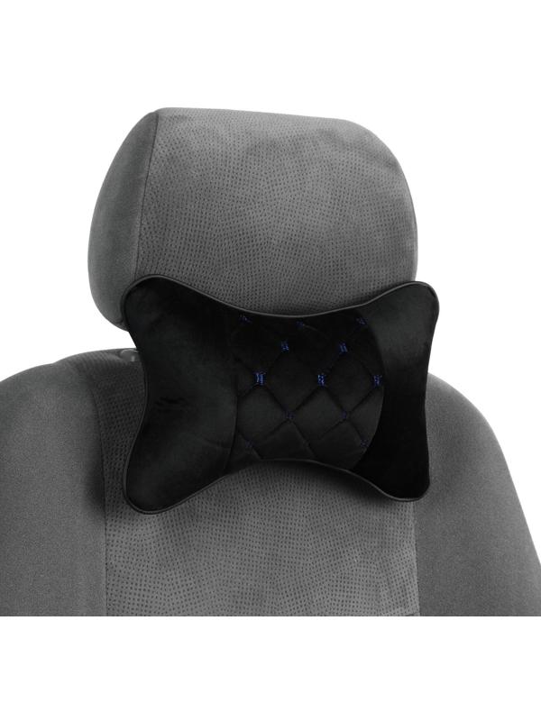 Подушка автомобильная для шеи 27×17 см, велюр, черный с синей строчкой