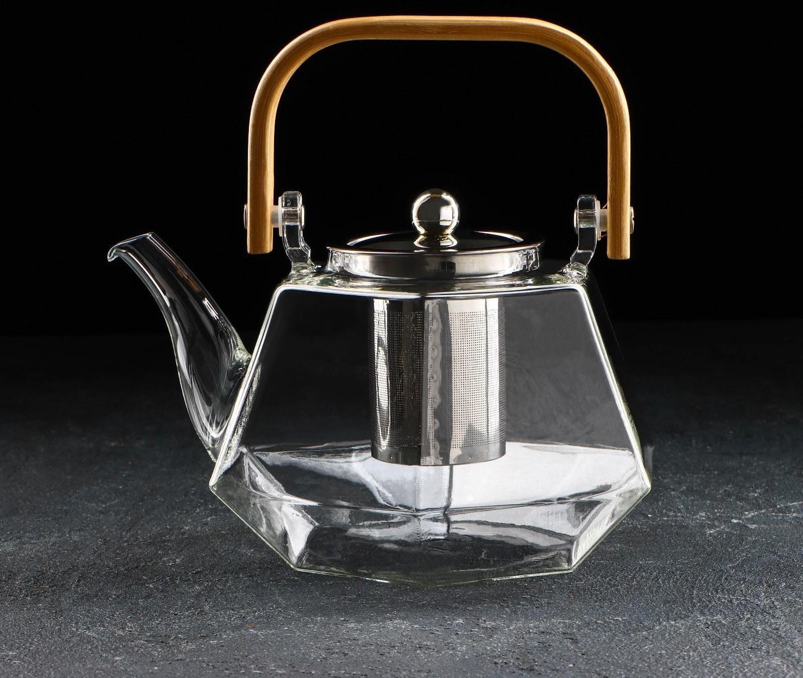 Чайник стеклянный заварочный с бамбуковой крышкой и металлическим ситом «Октогон», 1,2 л