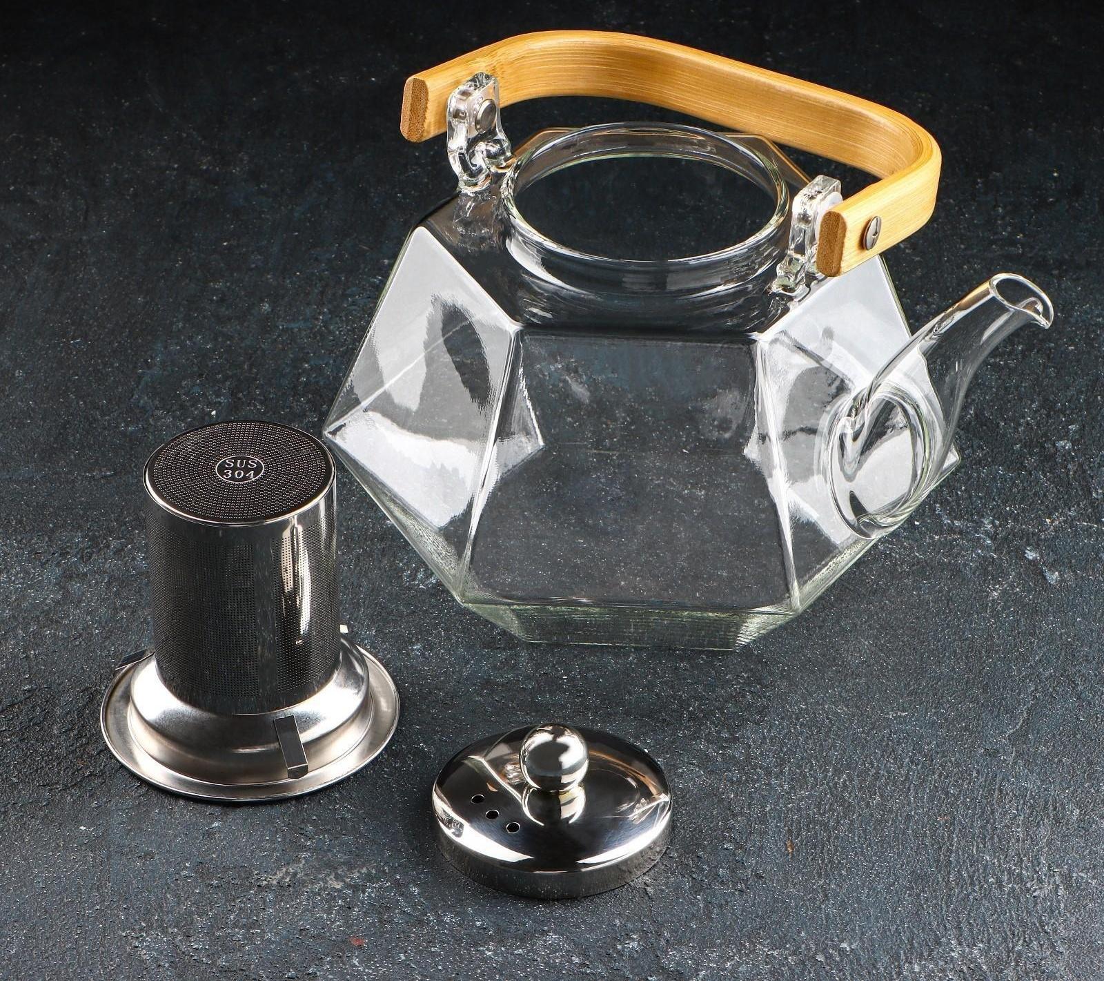 Чайник стеклянный заварочный с бамбуковой крышкой и металлическим ситом «Октогон», 1,2 л