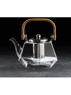 Чайник стеклянный заварочный с бамбуковой крышкой и металлическим ситом «Октогон», 1,2 л