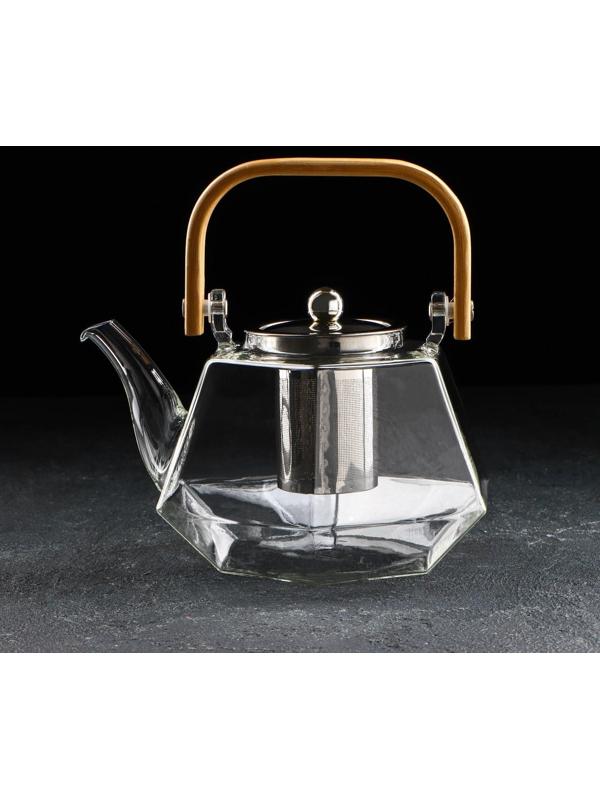 Чайник стеклянный заварочный с бамбуковой крышкой и металлическим ситом «Октогон», 1,2 л