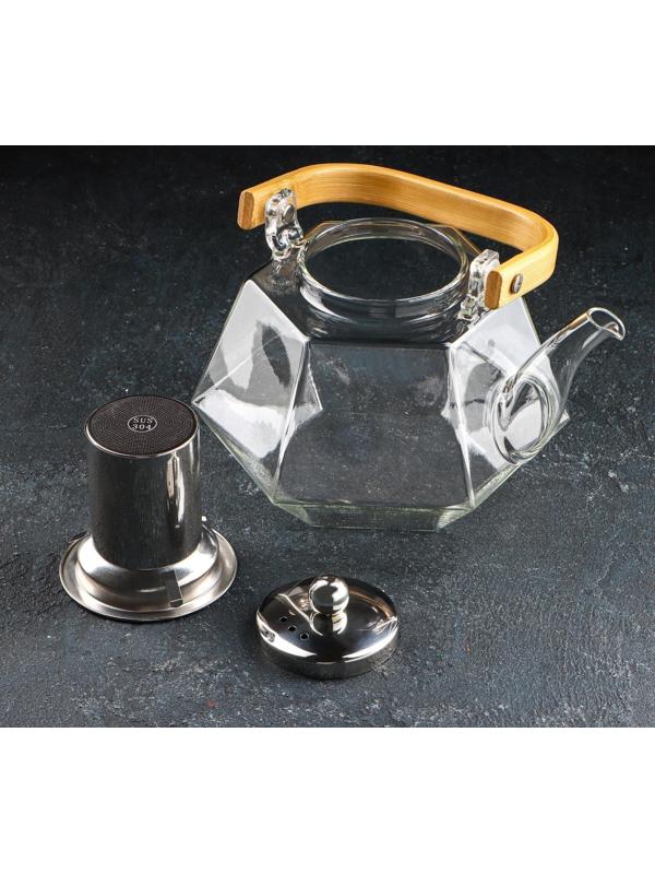 Чайник стеклянный заварочный с бамбуковой крышкой и металлическим ситом «Октогон», 1,2 л