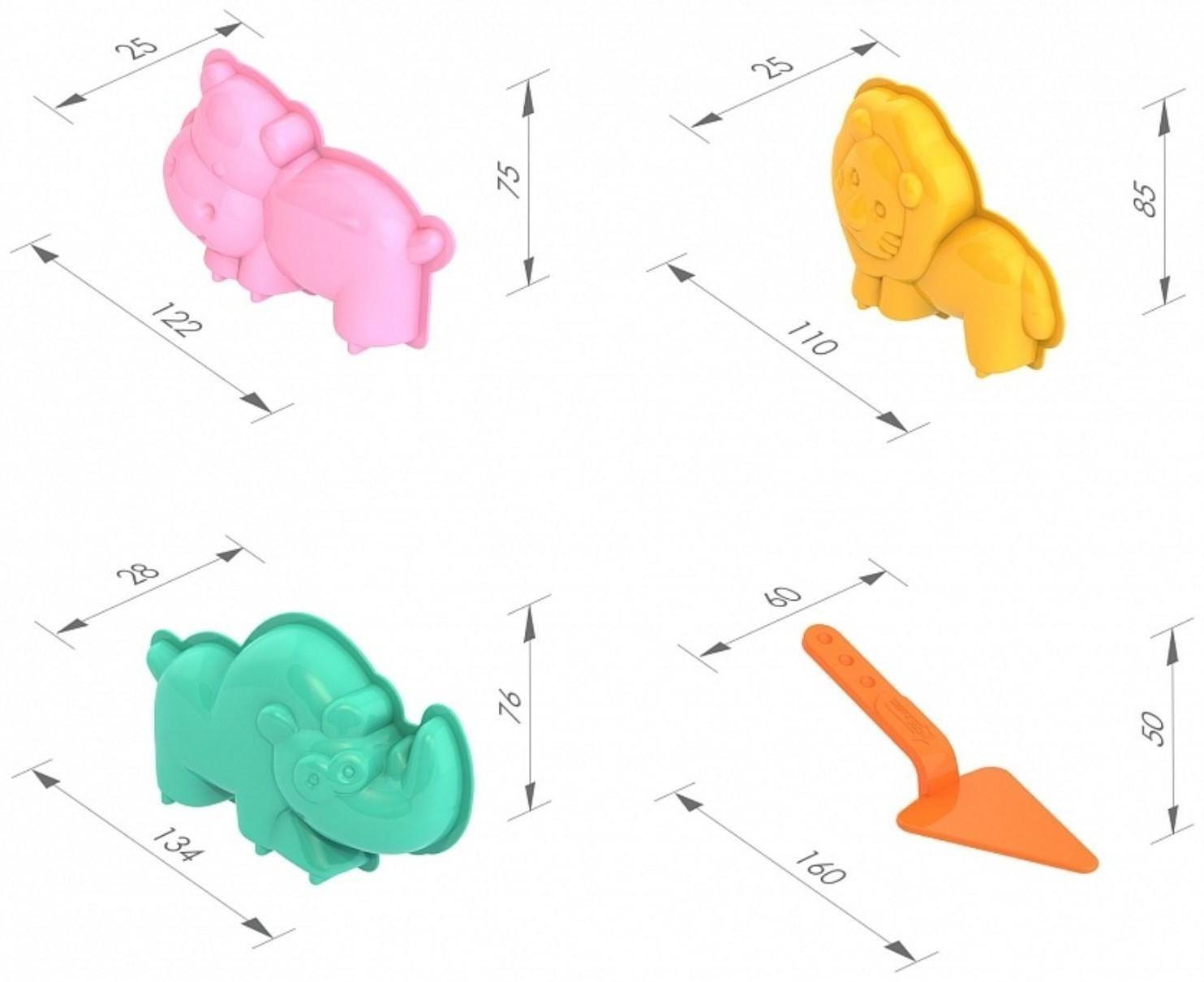 Набор стоящих формочек для песка: лев, носорог, бегемот, с мастерком