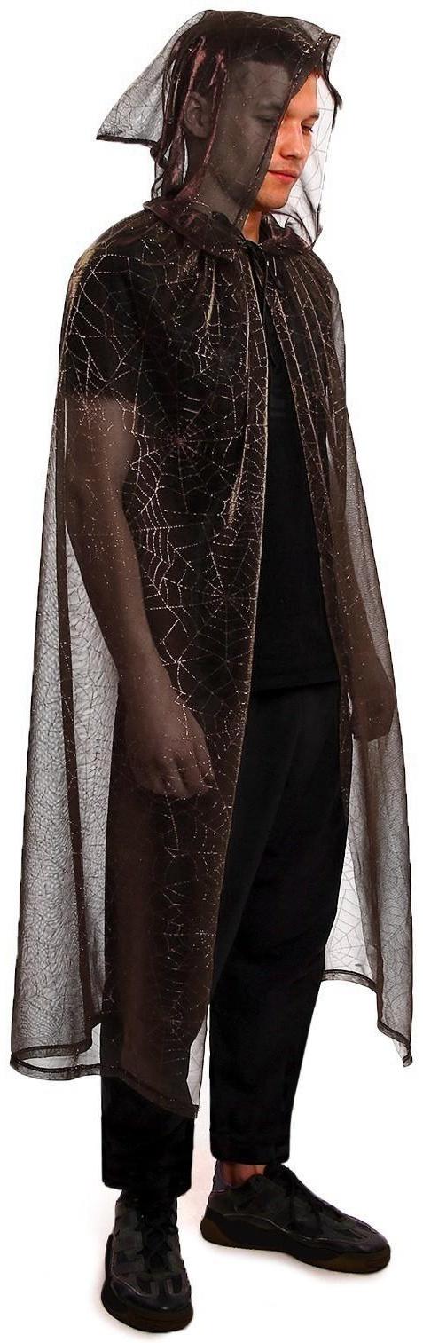 Карнавальный плащ с капюшоном «Паутина на сером», трикотин, длина 120 см