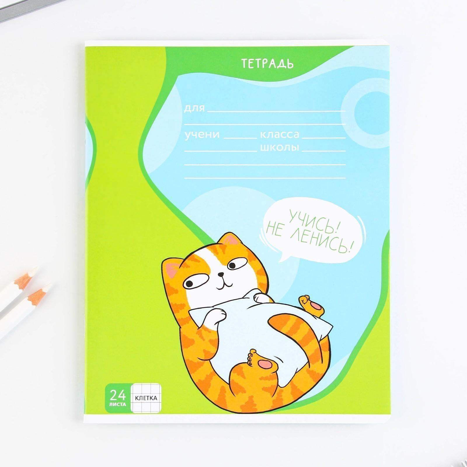 Тетрадь А5, 24 листа на скрепке в клетку «Котэ», 5 видов МИКС, белизна 96% / Микс 1 шт.