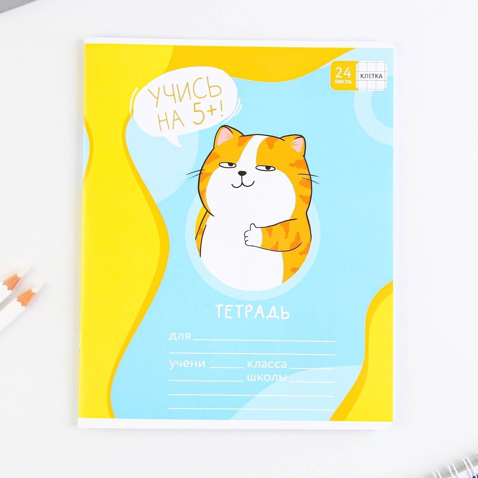Тетрадь А5, 24 листа на скрепке в клетку «Котэ», 5 видов МИКС, белизна 96% / Микс 1 шт.