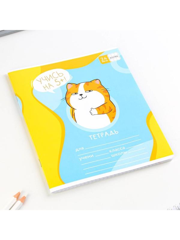 Тетрадь А5, 24 листа на скрепке в клетку «Котэ», 5 видов МИКС, белизна 96% / Микс 1 шт.