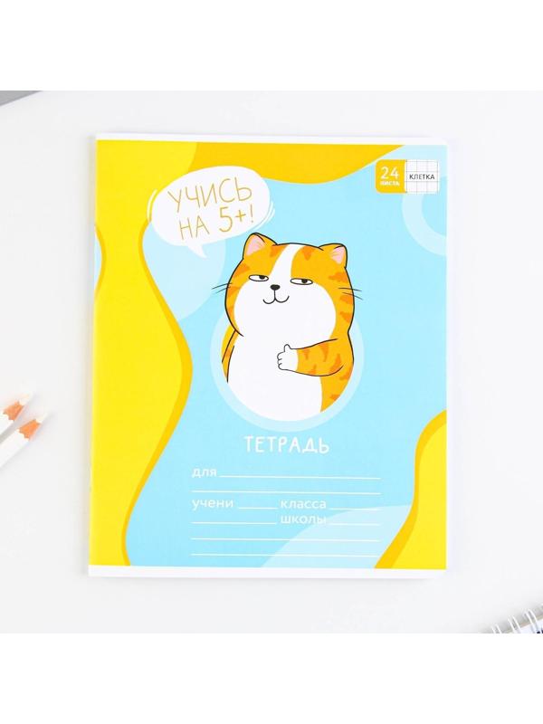 Тетрадь А5, 24 листа на скрепке в клетку «Котэ», 5 видов МИКС, белизна 96% / Микс 1 шт.