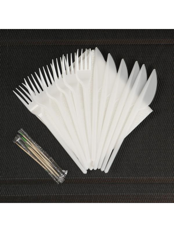 Набор одноразовой посуды на 6 персон «Шашлычный №3», тарелки, стаканы, ножи, вилки, салфетки, зубочистки, цвет белый