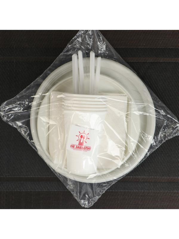 Набор одноразовой посуды на 6 персон «Шашлычный №3», тарелки, стаканы, ножи, вилки, салфетки, зубочистки, цвет белый