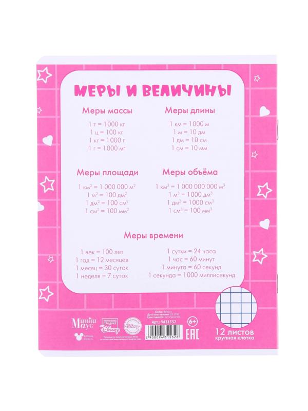 Тетради 12 листов, 5 видов, мелованная бумага, крупная клетка, Минни Маус / Микс 10 шт.