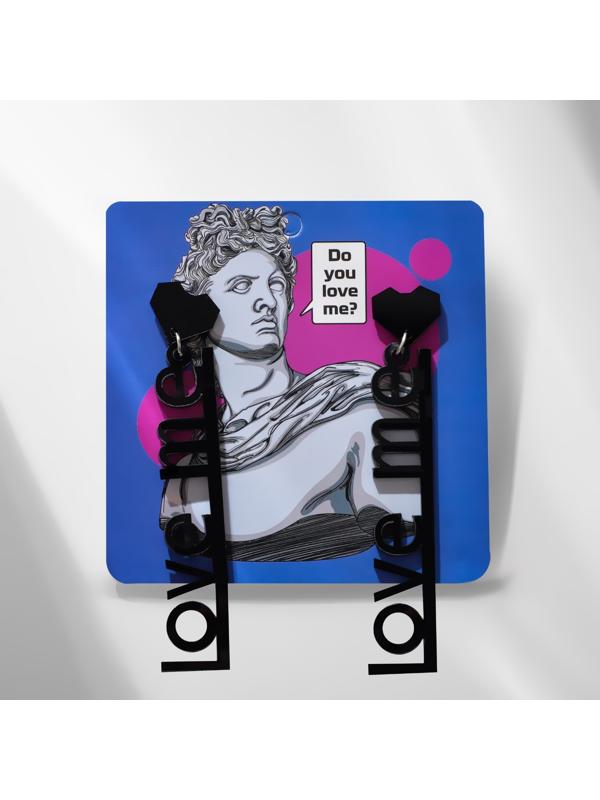 Серьги акрил  LOVE ME с сердечком, цвет чёрный в серебре