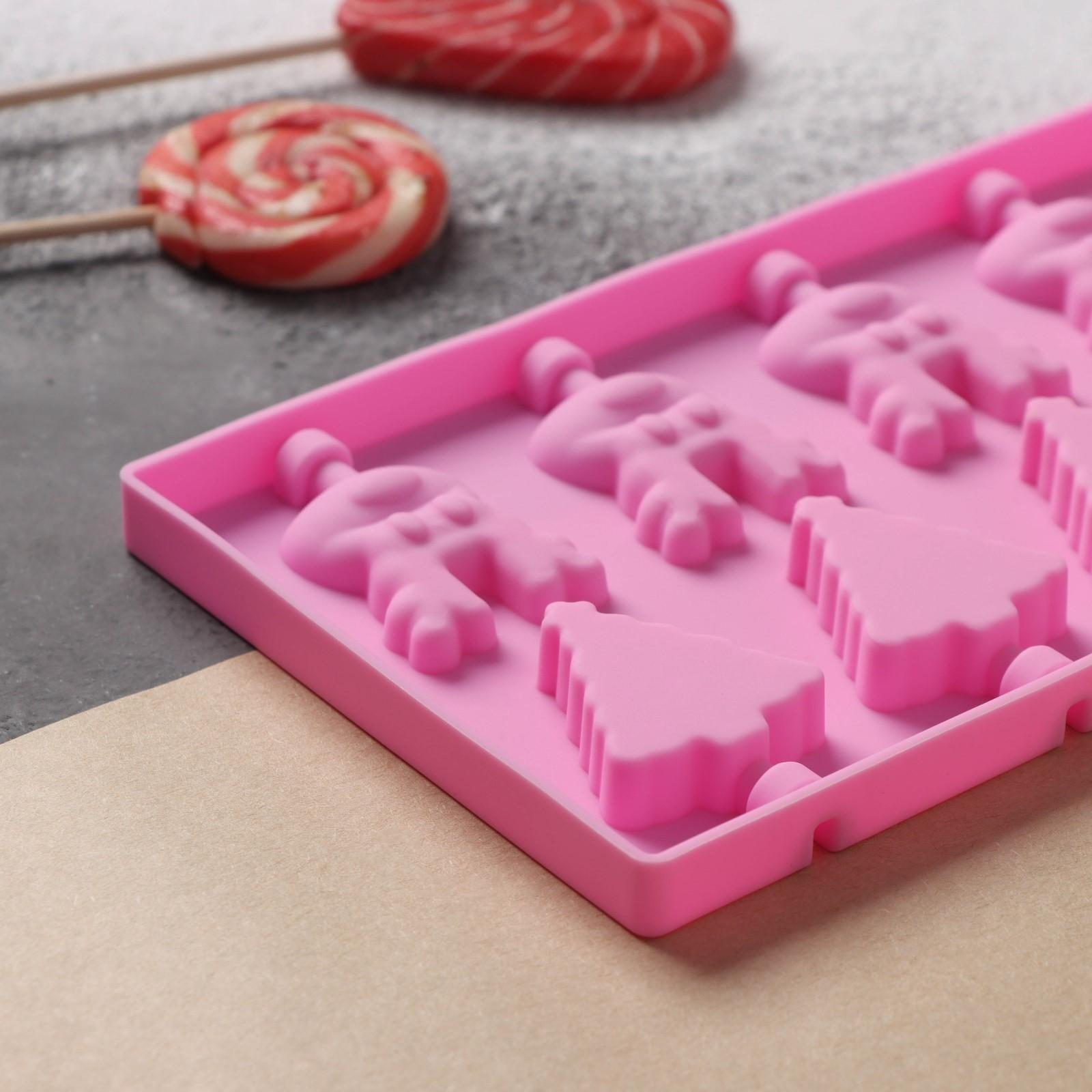 Форма для леденцов Доляна «Новый год», 25×10,5×1 см, 12 ячеек, с палочками, цвет розовый