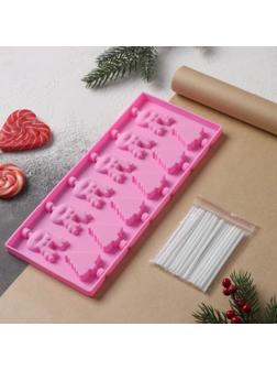 Форма для леденцов Доляна «Новый год», 25×10,5×1 см, 12 ячеек, с палочками, цвет розовый