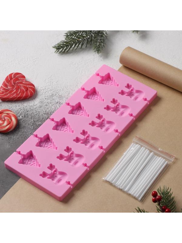 Форма для леденцов Доляна «Новый год», 25×10,5×1 см, 12 ячеек, с палочками, цвет розовый