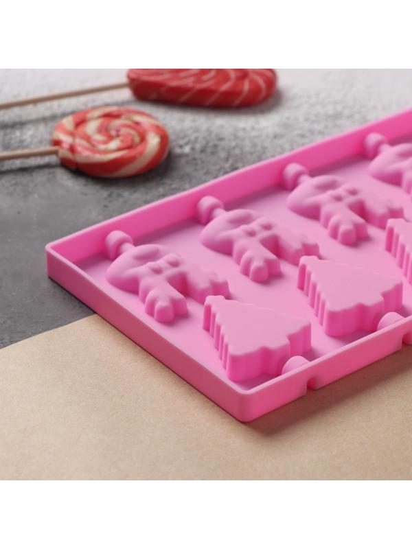 Форма для леденцов Доляна «Новый год», 25×10,5×1 см, 12 ячеек, с палочками, цвет розовый