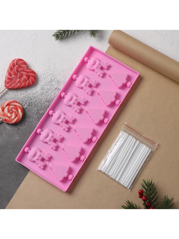 Форма для леденцов Доляна «Новый год», 25×10,5×1 см, 12 ячеек, с палочками, цвет розовый
