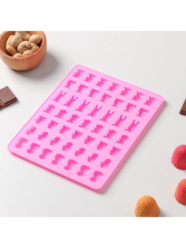 Форма силиконовая для мармелада Доляна «Зоопарк», 18,5×15×0,5 см, 49 ячеек (2×1,5 см), цвет розовый