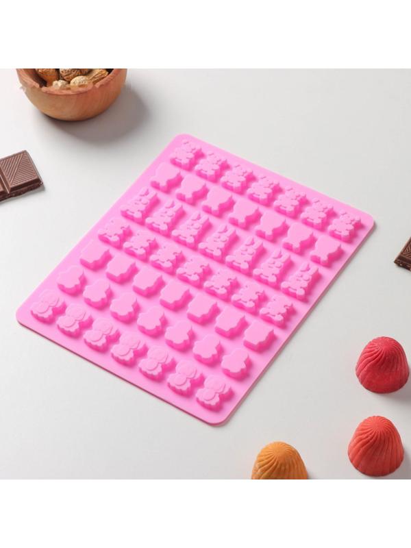 Форма силиконовая для мармелада Доляна «Зоопарк», 18,5×15×0,5 см, 49 ячеек (2×1,5 см), цвет розовый