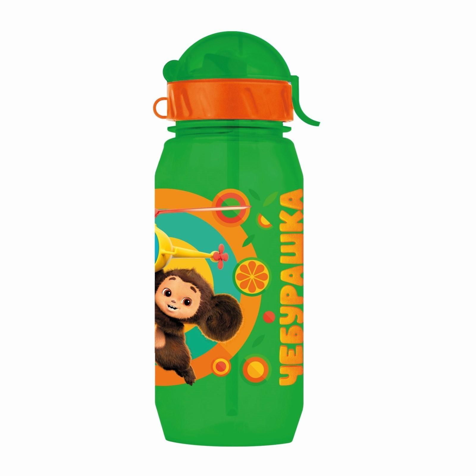Бутылочка детская 400мл., с трубочкой и шнурком «Чебурашка», цвет и рисунок МИКС