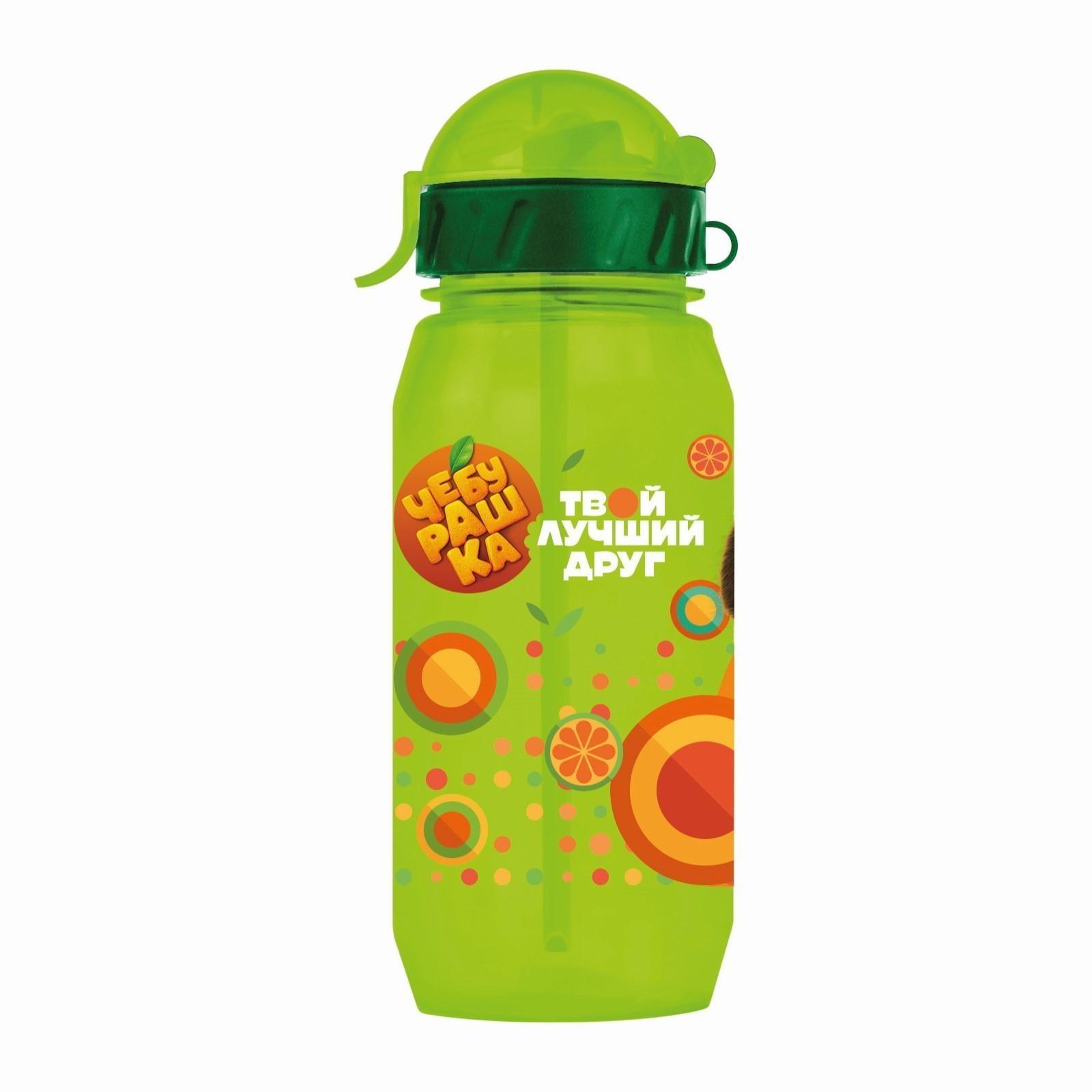 Бутылочка детская 400мл., с трубочкой и шнурком «Чебурашка», цвет и рисунок МИКС