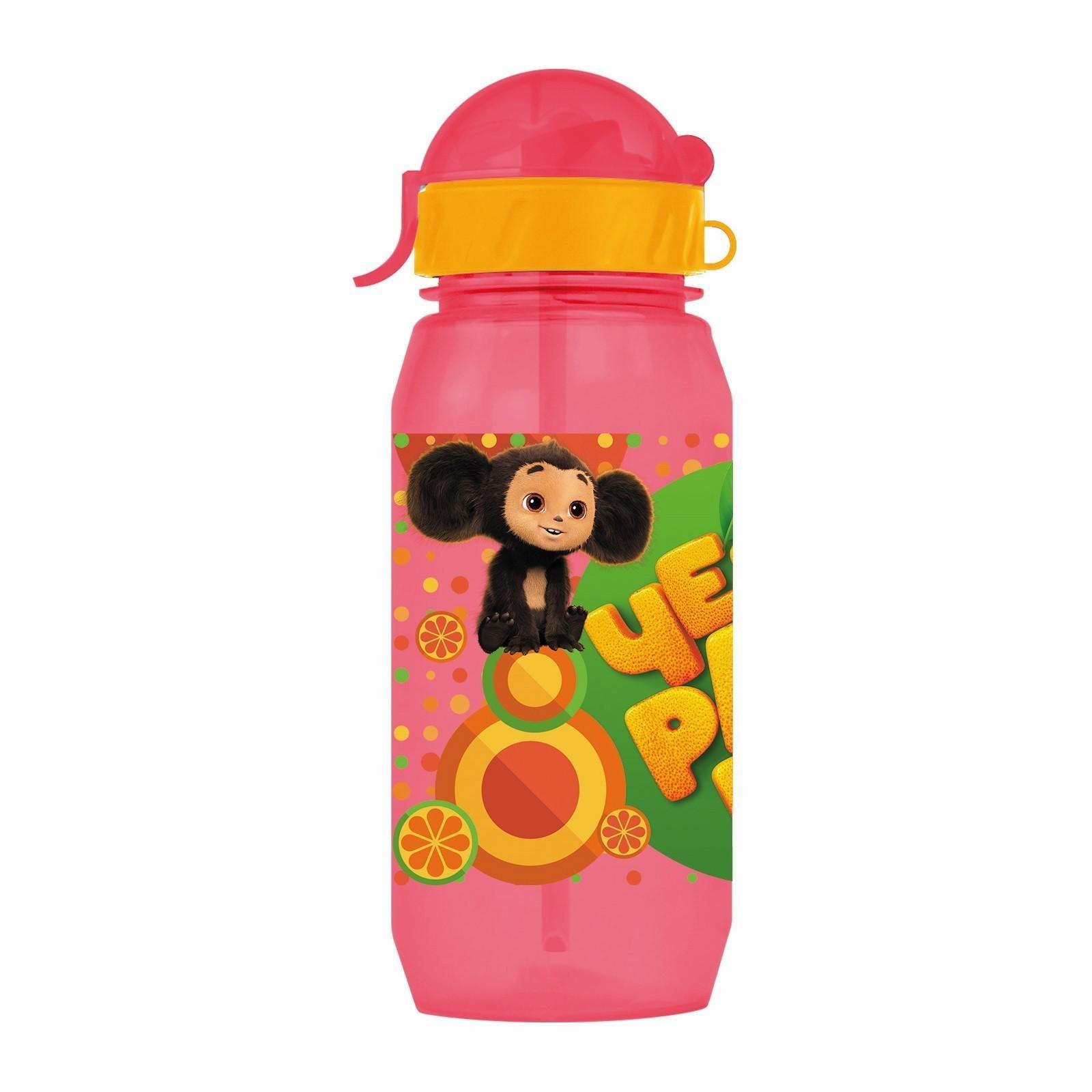 Бутылочка детская 400мл., с трубочкой и шнурком «Чебурашка», цвет и рисунок МИКС