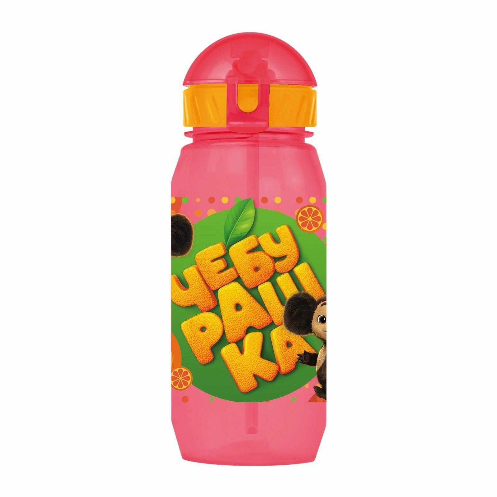 Бутылочка детская 400мл., с трубочкой и шнурком «Чебурашка», цвет и рисунок МИКС