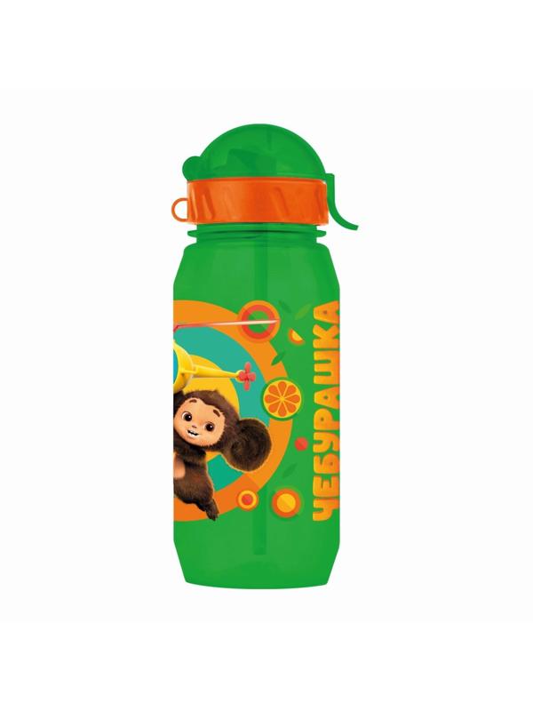 Бутылочка детская 400мл., с трубочкой и шнурком «Чебурашка», цвет и рисунок МИКС