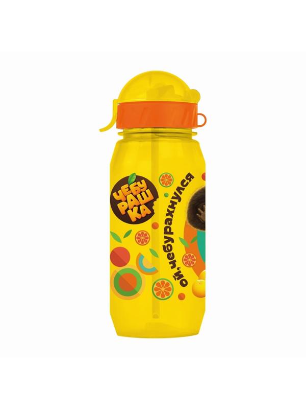 Бутылочка детская 400мл., с трубочкой и шнурком «Чебурашка», цвет и рисунок МИКС