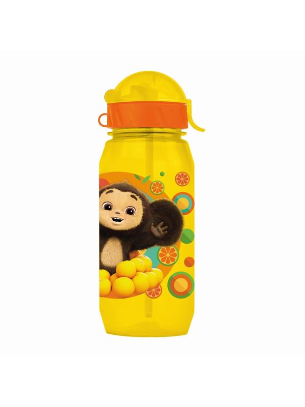 Бутылочка детская 400мл., с трубочкой и шнурком «Чебурашка», цвет и рисунок МИКС