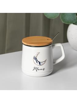 Кружка керамическаяс крышкой и ложкой Moon, 350 мл, цвет белый
