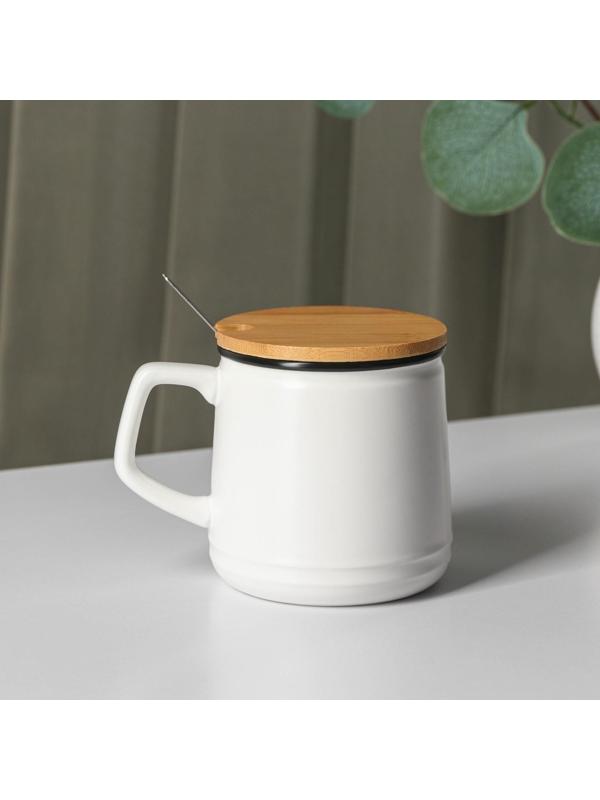 Кружка керамическаяс крышкой и ложкой Moon, 350 мл, цвет белый