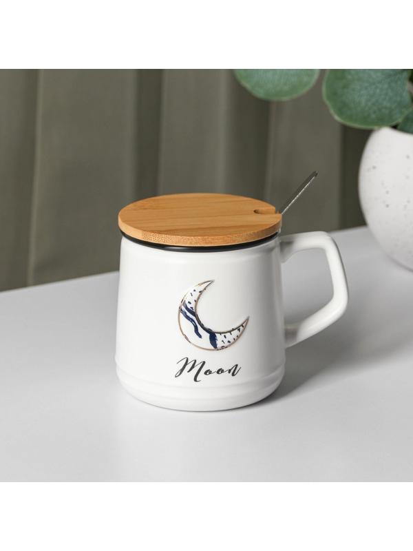 Кружка керамическаяс крышкой и ложкой Moon, 350 мл, цвет белый