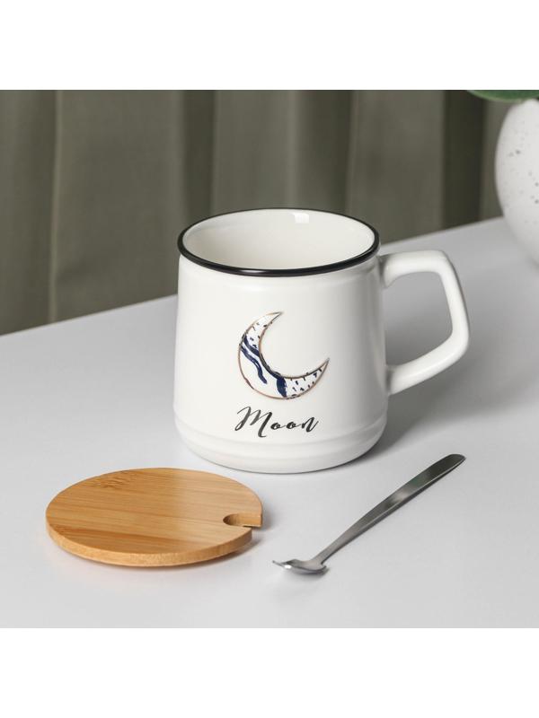 Кружка керамическаяс крышкой и ложкой Moon, 350 мл, цвет белый