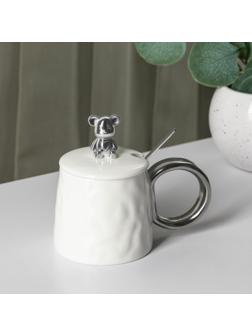 Кружка керамическая с ложкой «Стильный мишка», 320 мл, цвет белый