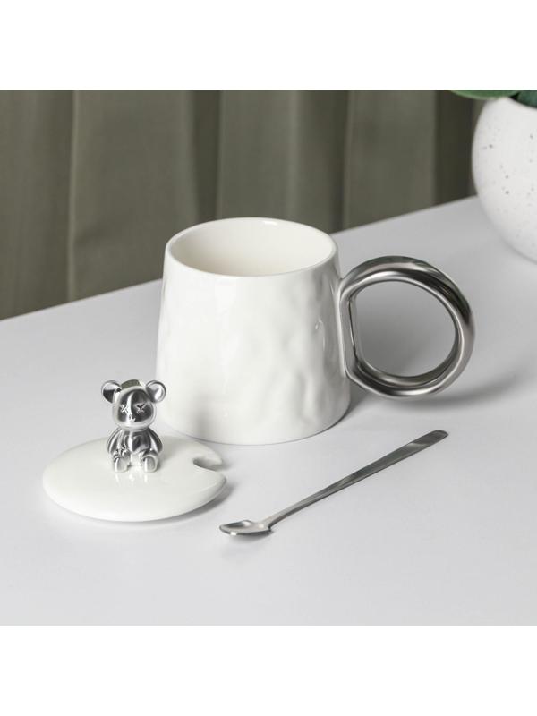 Кружка керамическая с ложкой «Стильный мишка», 320 мл, цвет белый