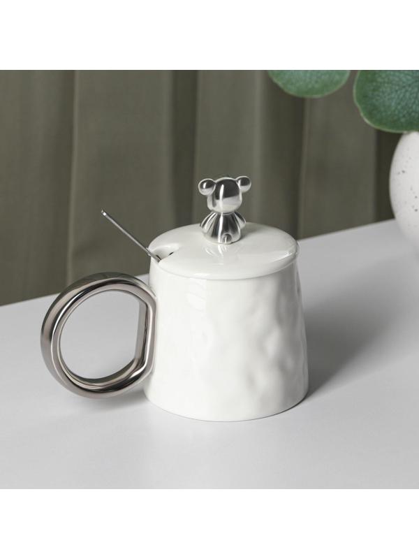 Кружка керамическая с ложкой «Стильный мишка», 320 мл, цвет белый