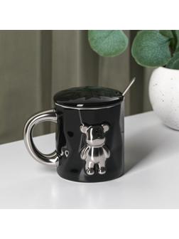 Кружка керамическая с ложкой «Стильный мишка», 320 мл, цвет чёрный